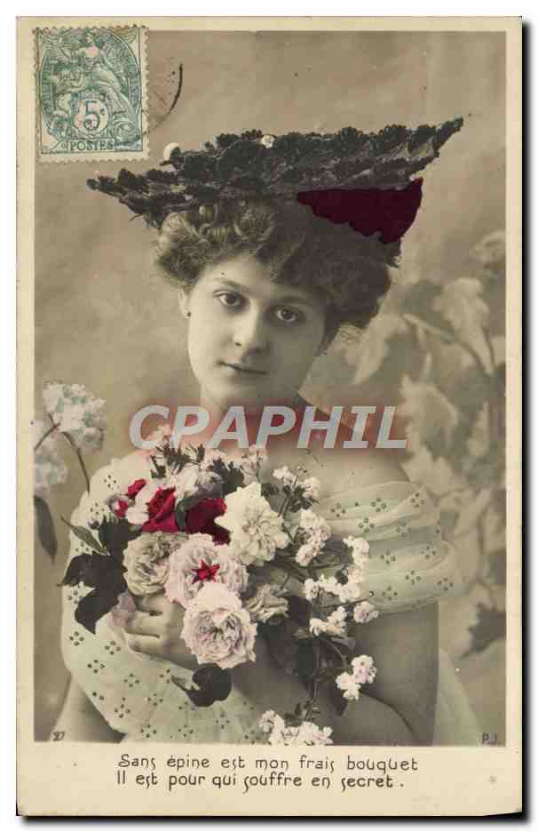 Jeune femme en chapeau de feuillage — poème sur le bouquet — éditeur P.J. (verso)