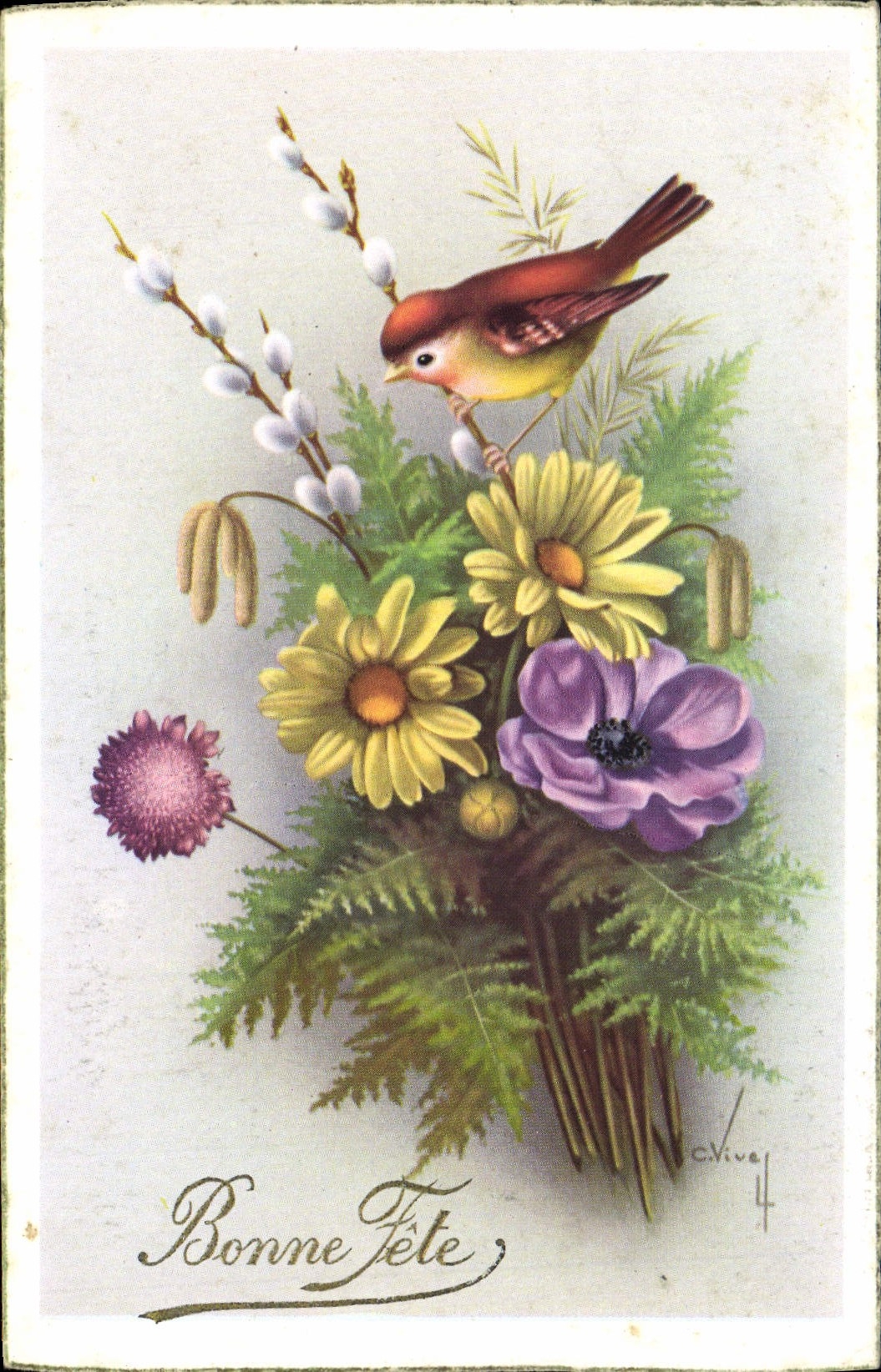 CPA Fantaisie Fleurs Oiseau