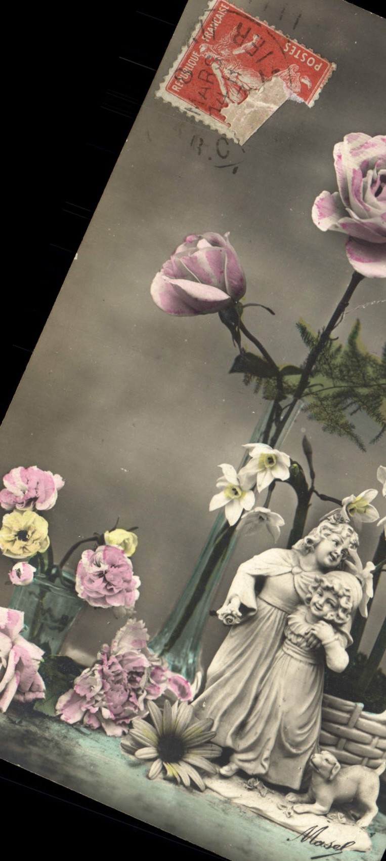 CPA Fantaisie Fleurs santons Chien