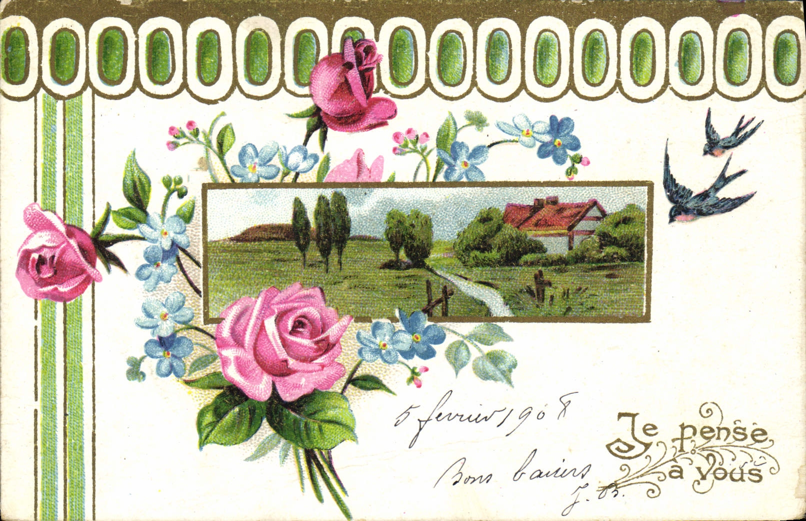 CPA Fantaisie Fleurs Hirondelle