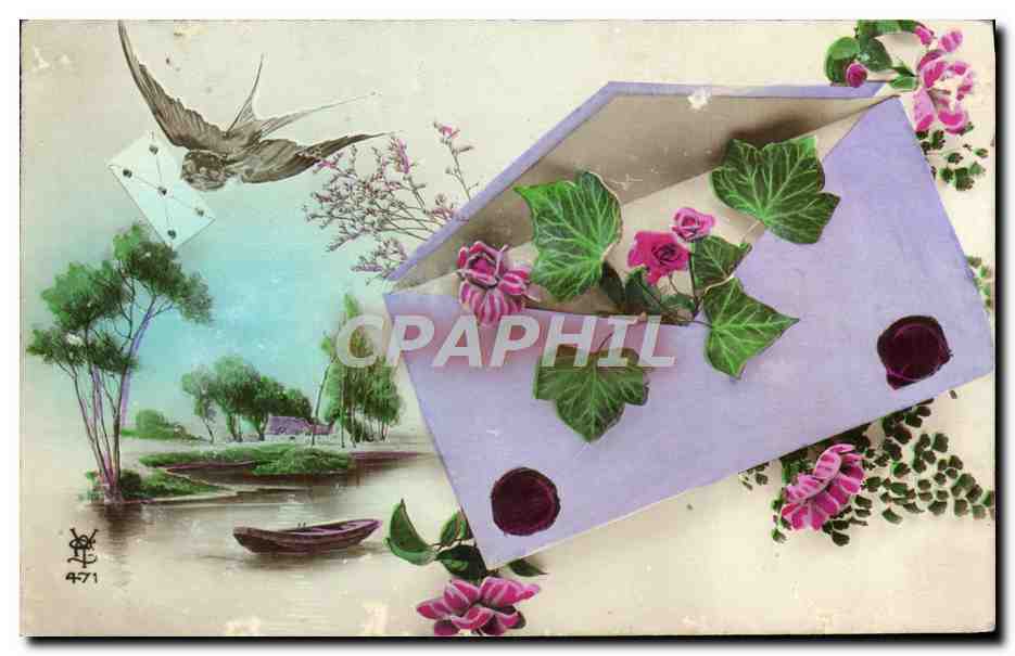CPA Fantaisie Fleurs Hirondelle