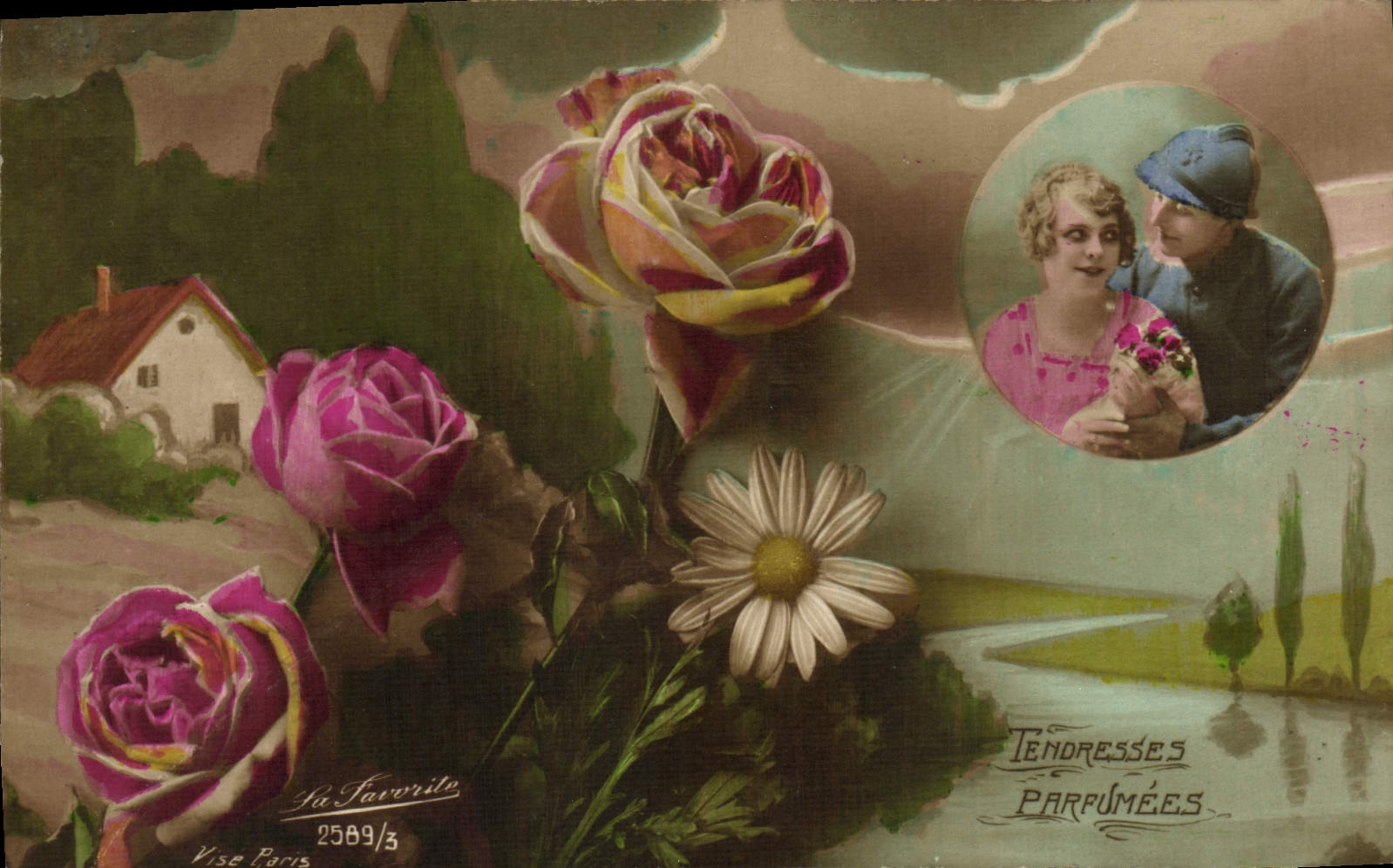 CPA Fantaisie Fleurs Femme Soldat Poilu Militaria 
