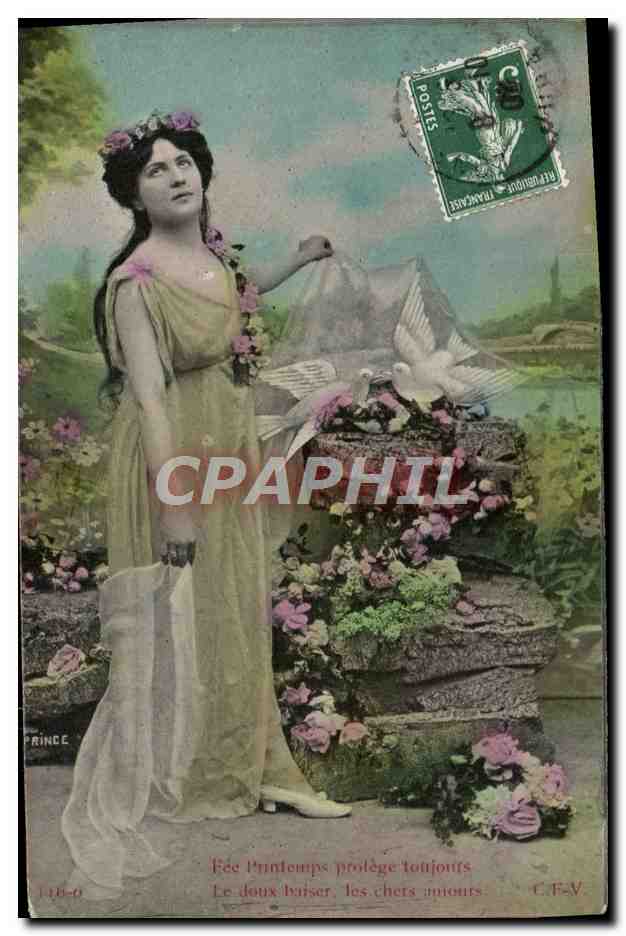 CPA Fantaisie Fleurs Femme Colombes