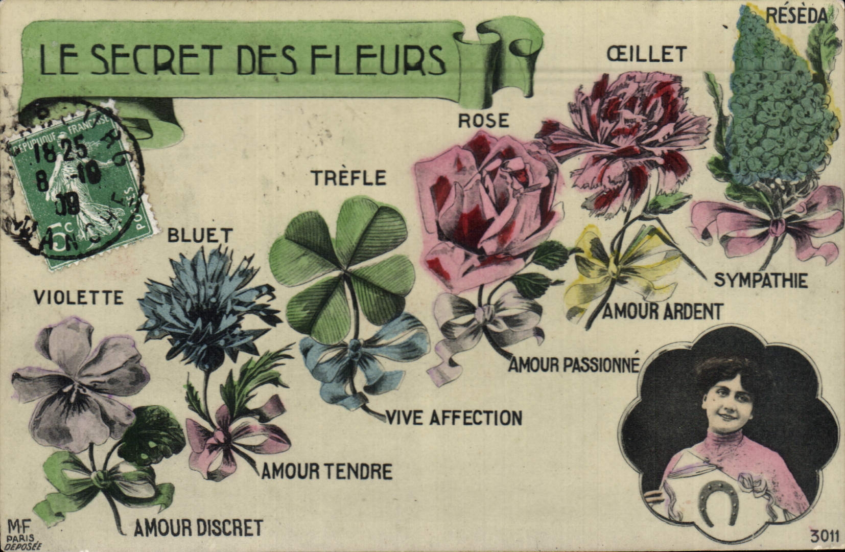 CPA Fantaisie Le secret des Fleurs Violette Trefle Bluet Oeillet REseda Rose