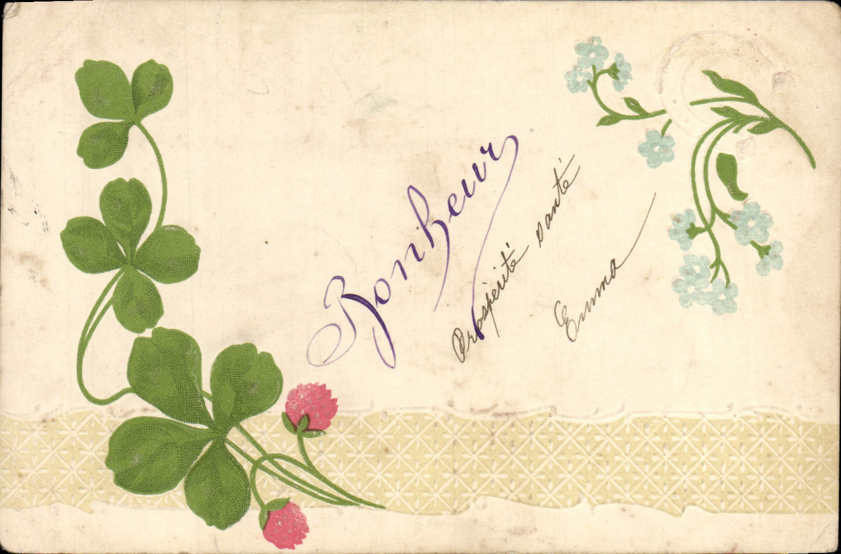 CPA Fantaisie Fleurs Trefles Fer a cheval