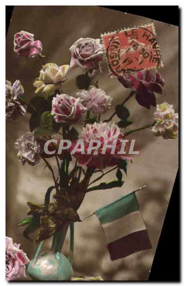CPA Fantaisie Fleurs Drapeau Bleu Blanc Rouge