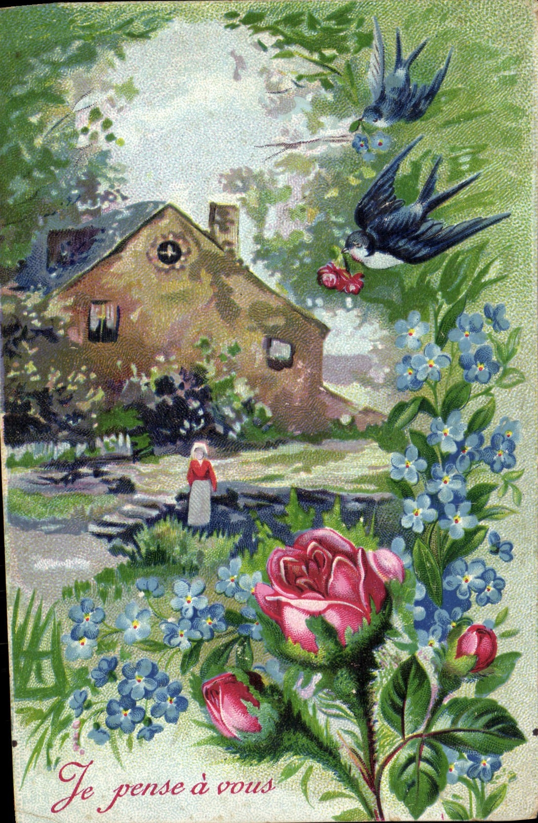 CPA Fantaisie Fleurs Hirondelles