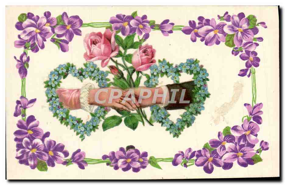 CPA Fantaisie Fleurs Coeur Mains