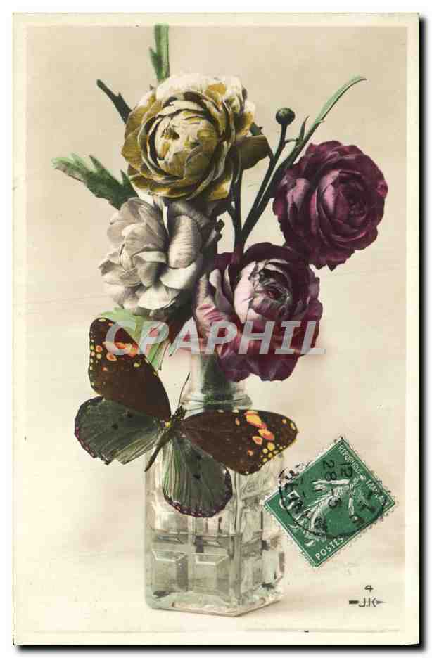 CPA Fantaisie Fleurs Papillon