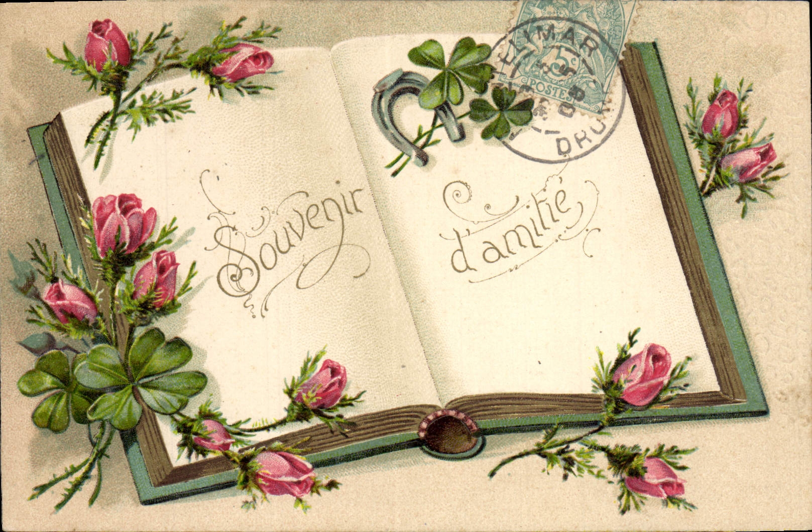 CPA Fantaisie Fleurs Trefles Fer a cheval