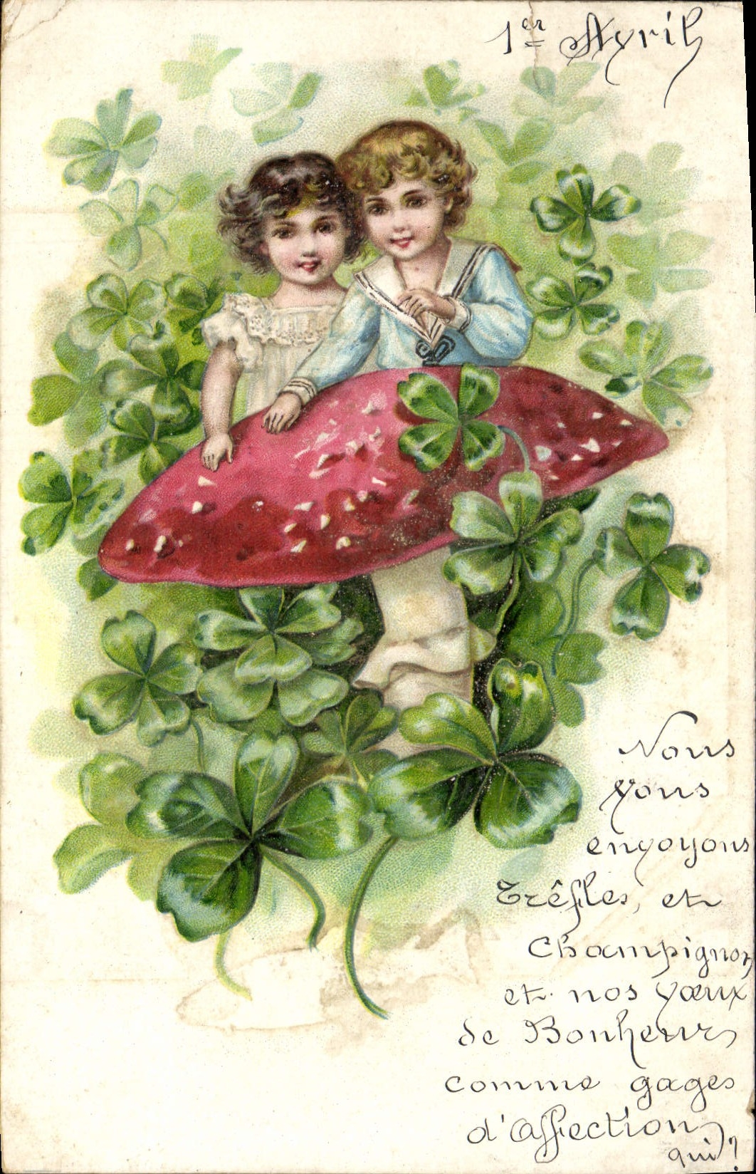 CPA Fantaisie Fleurs Trefles Enfants Champignon 