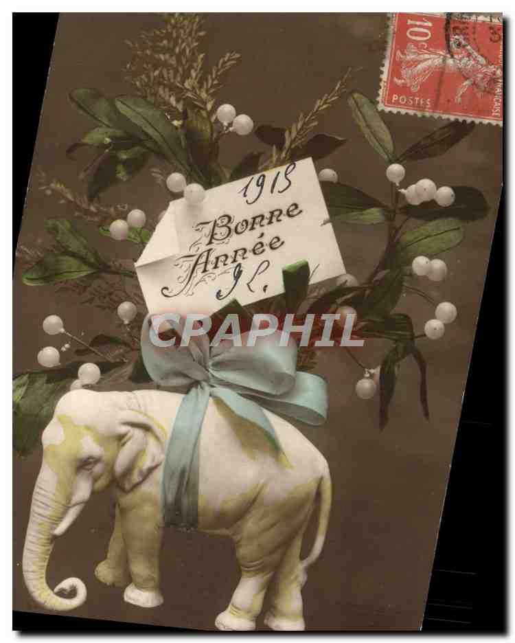 Éléphant décoratif — Bonne Année 1918 — timbre 10c France