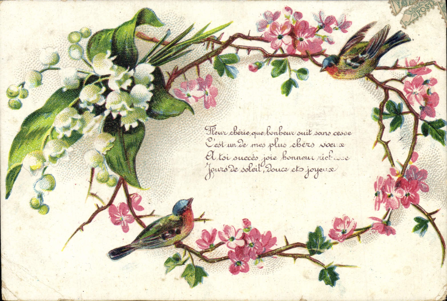 CPA Fantaisie Fleurs Muguet Oiseaux