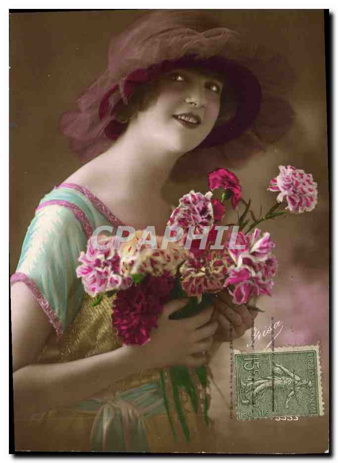 Jeune femme en chapeau tenant un bouquet de pâquerettes — éditeur 'Irissa' — timbre postal français