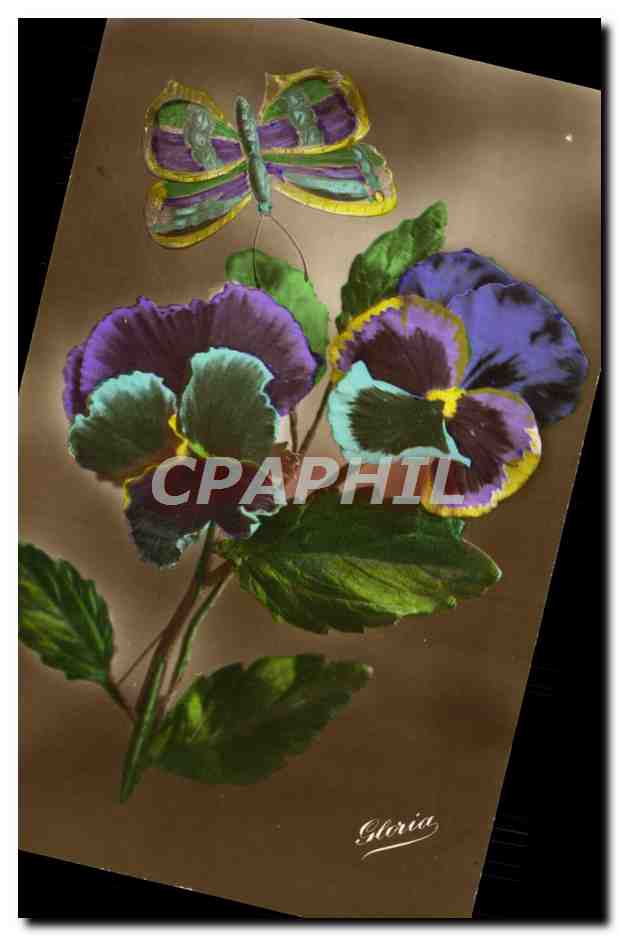 CPA Fantaisie Fleurs Papillon