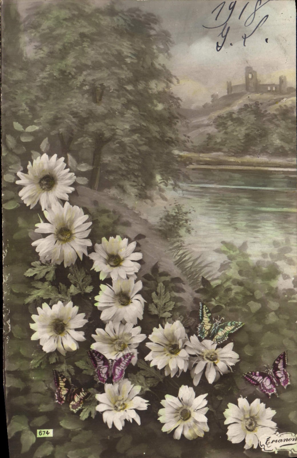 CPA Fantaisie Fleurs Papillons