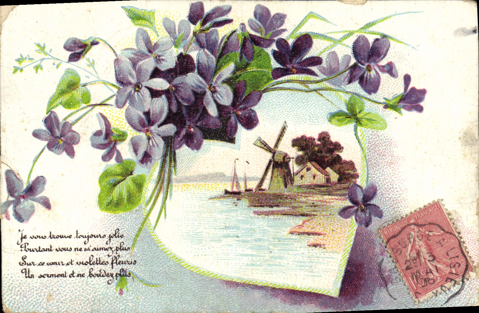 CPA Fantaisie Fleurs Moulin a vent