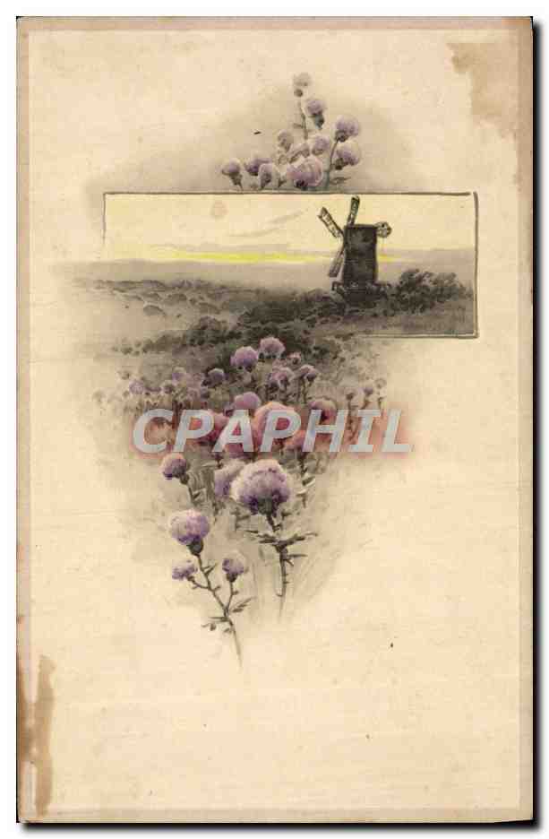 CPA Fantaisie Fleurs Moulin a vent