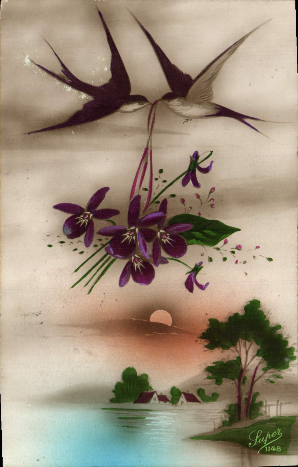 CPA Fantaisie Fleurs Hirondelles