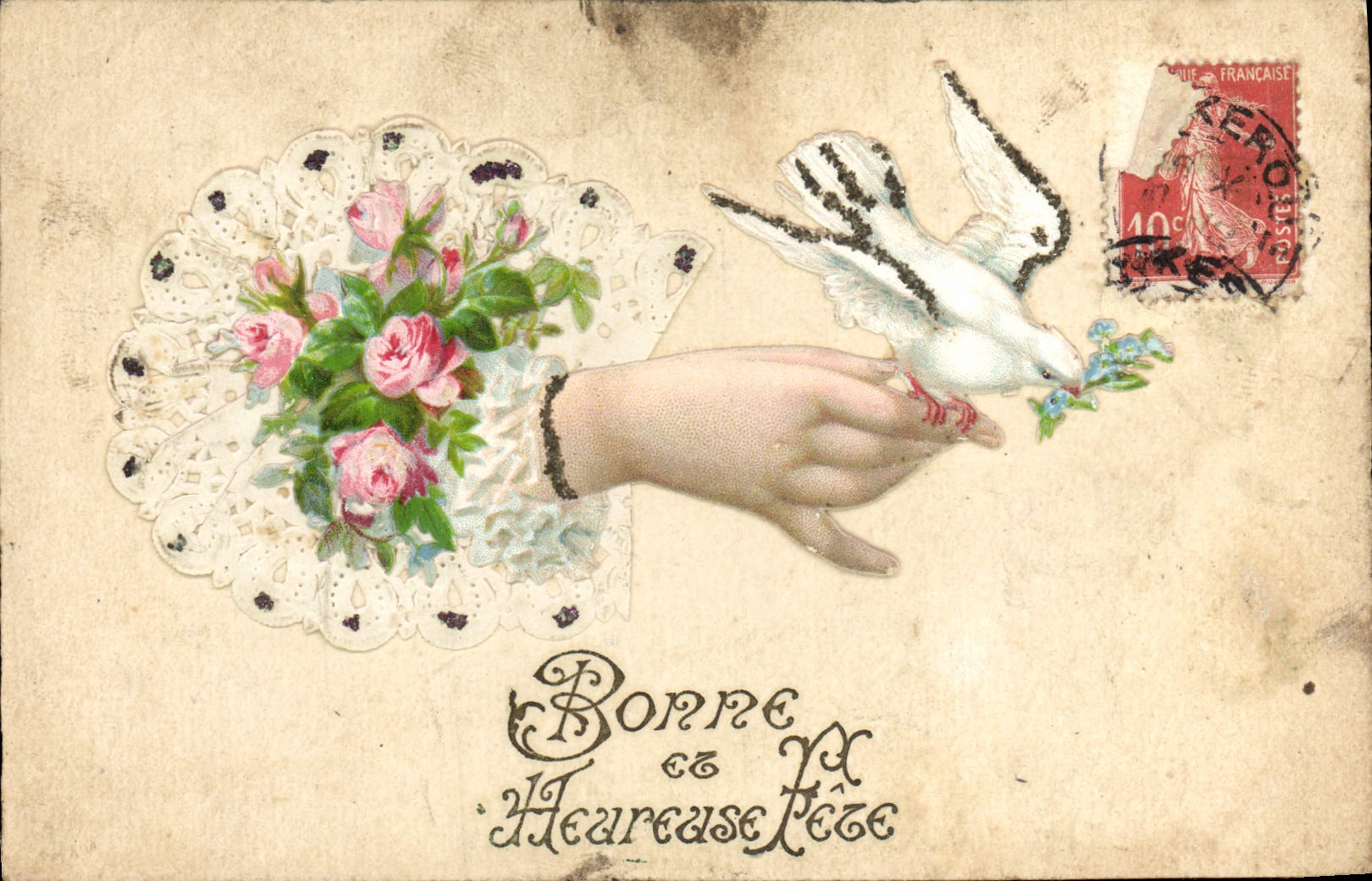 CPA Fantaisie Fleurs Colombe 