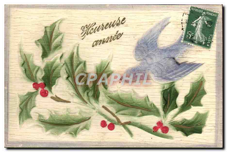 Houx et oiseau — 'Heureuse année' — Made in Germany