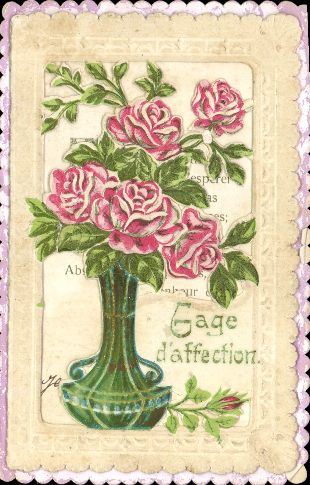 Vase de roses — Gage d'affection — Carte postale ancienne