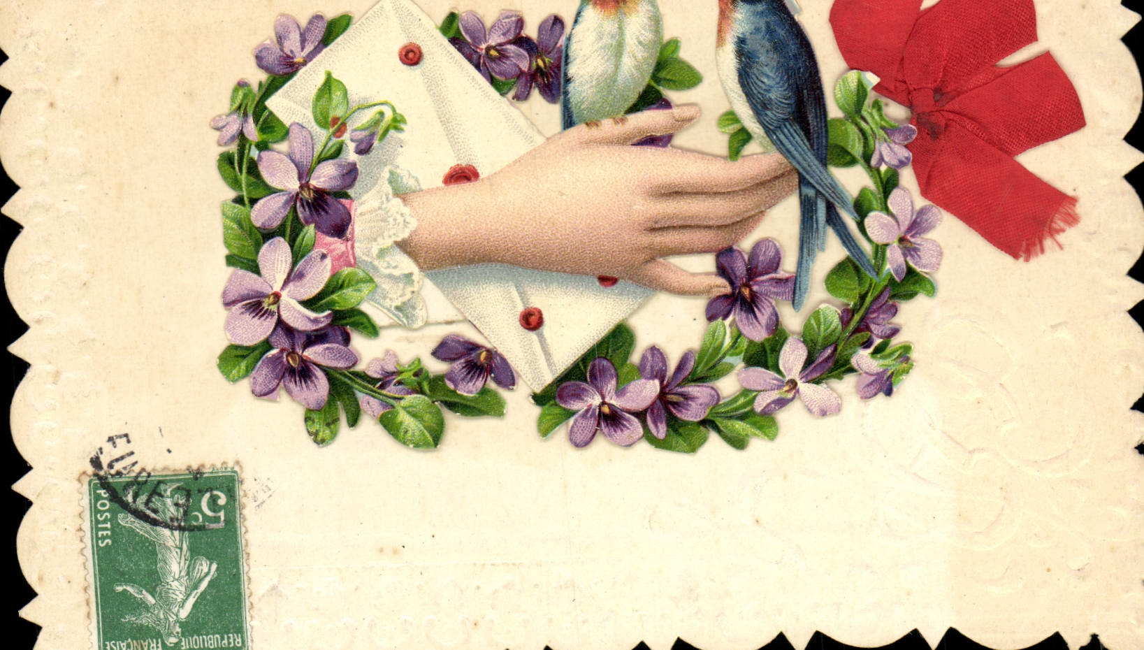 CPA Fantaisie Fleurs Hirondelles
