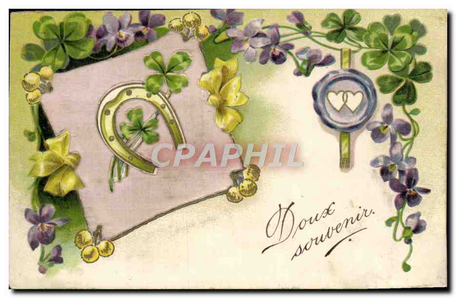 CPA Fantaisie Fleurs Fer a cheval Trefles