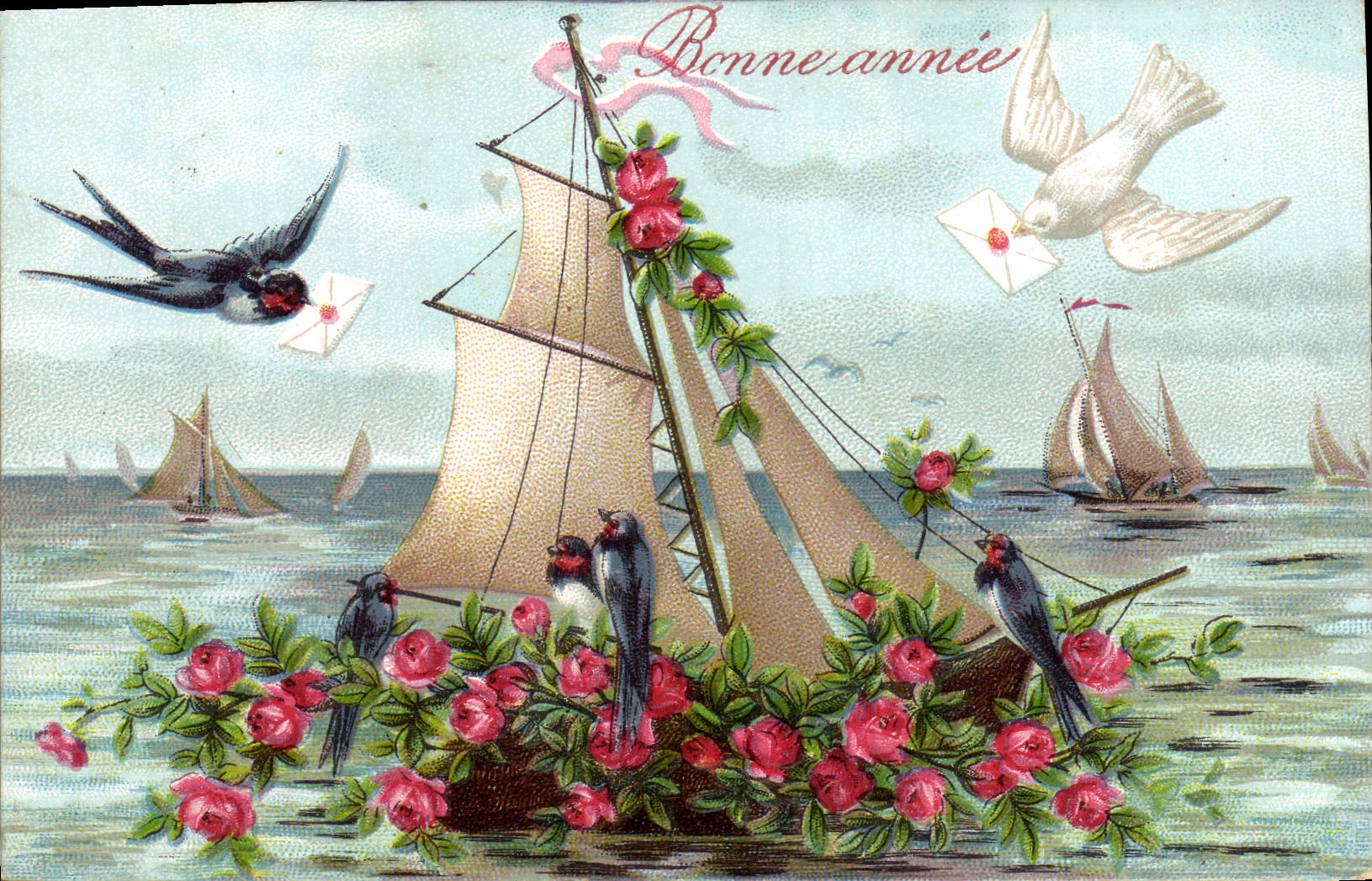 Bonne année — voiliers et oiseaux porteurs de lettres — Édition E. L., Paris