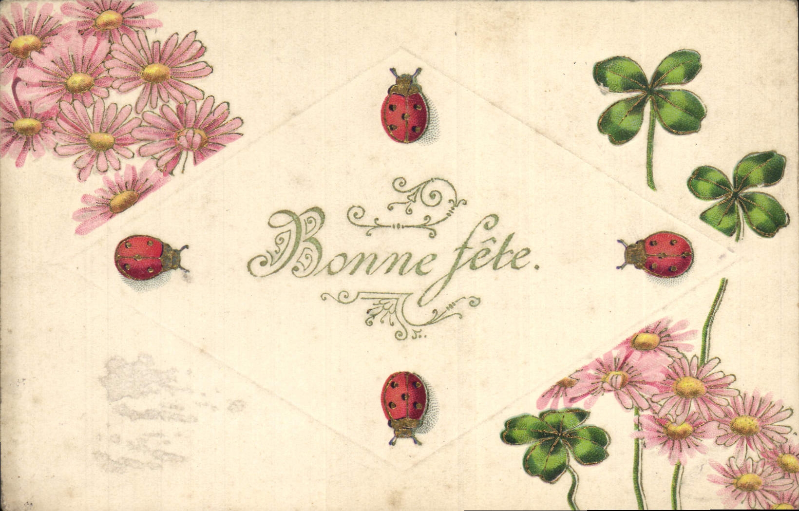CPA Fantaisie Fleurs Trefles Coccinelle Insecte