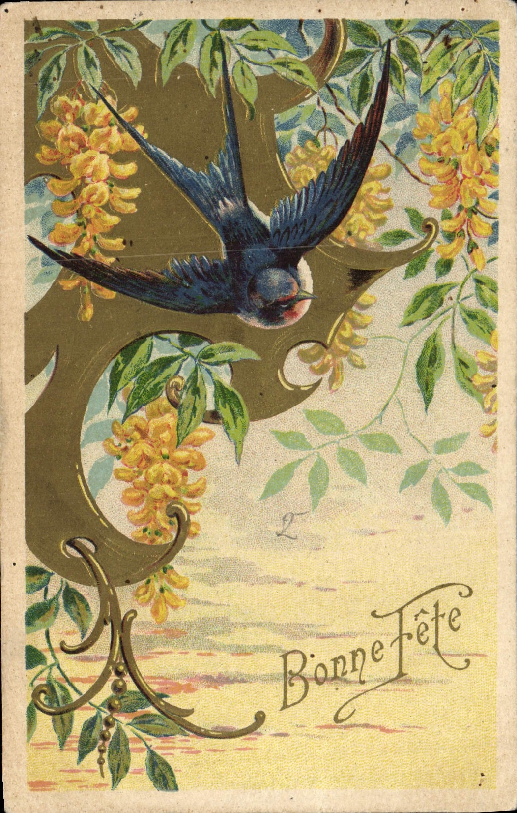 CPA Fantaisie Fleurs Hirondelle