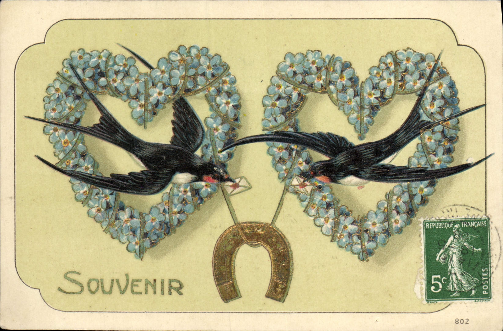 CPA Fantaisie Fleurs Hirondelles Fer a cheval Coeurs