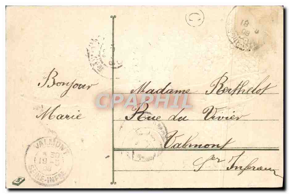 CPA Fantaisie Fleurs Hirondelles Fer a cheval Coeurs — Rückseite