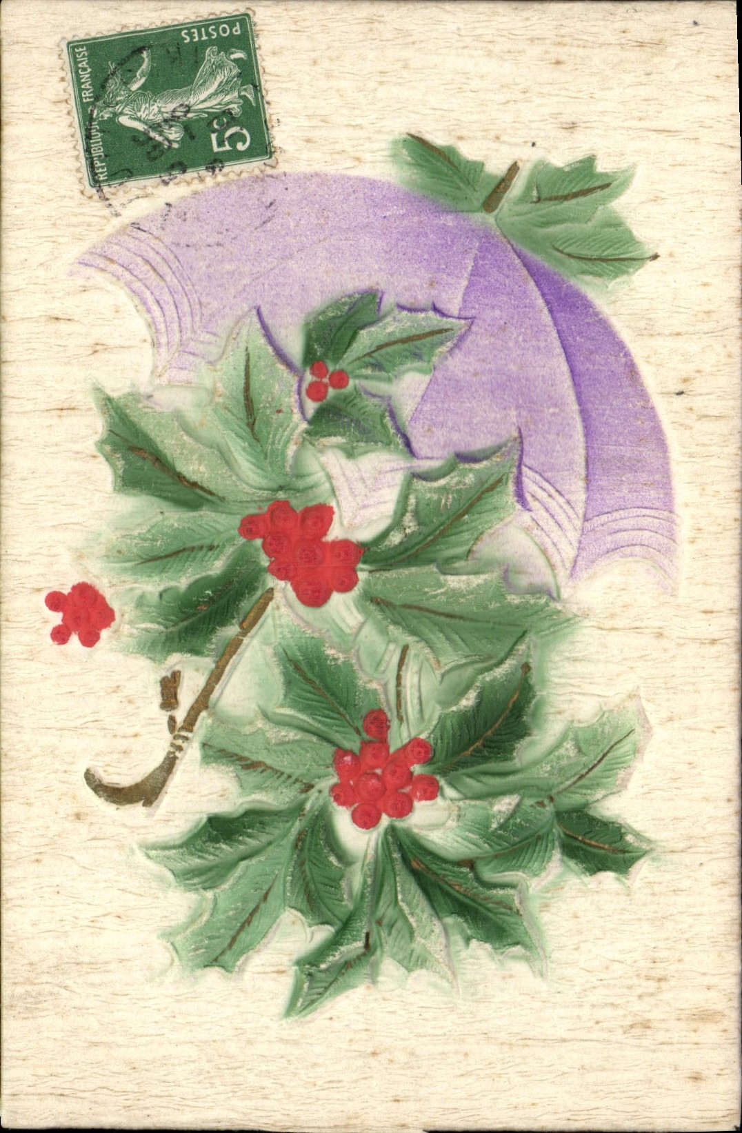 Houx et parapluie violet — carte postale française avec timbre 25 centimes