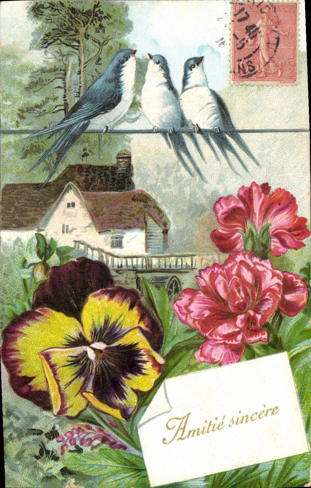 Trois oiseaux sur fil — paysage rural avec fleurs — éditeur non visible
