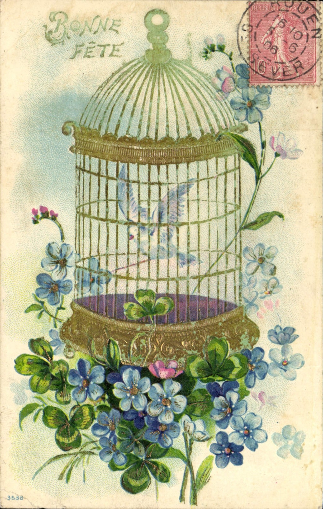 CPA Fantaisie Fleurs Cage Oiseau Trefles