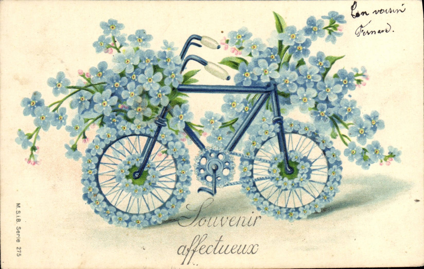 Bicyclette décorée de fleurs — Souvenir affectueux — M.S.I.B. Série 275