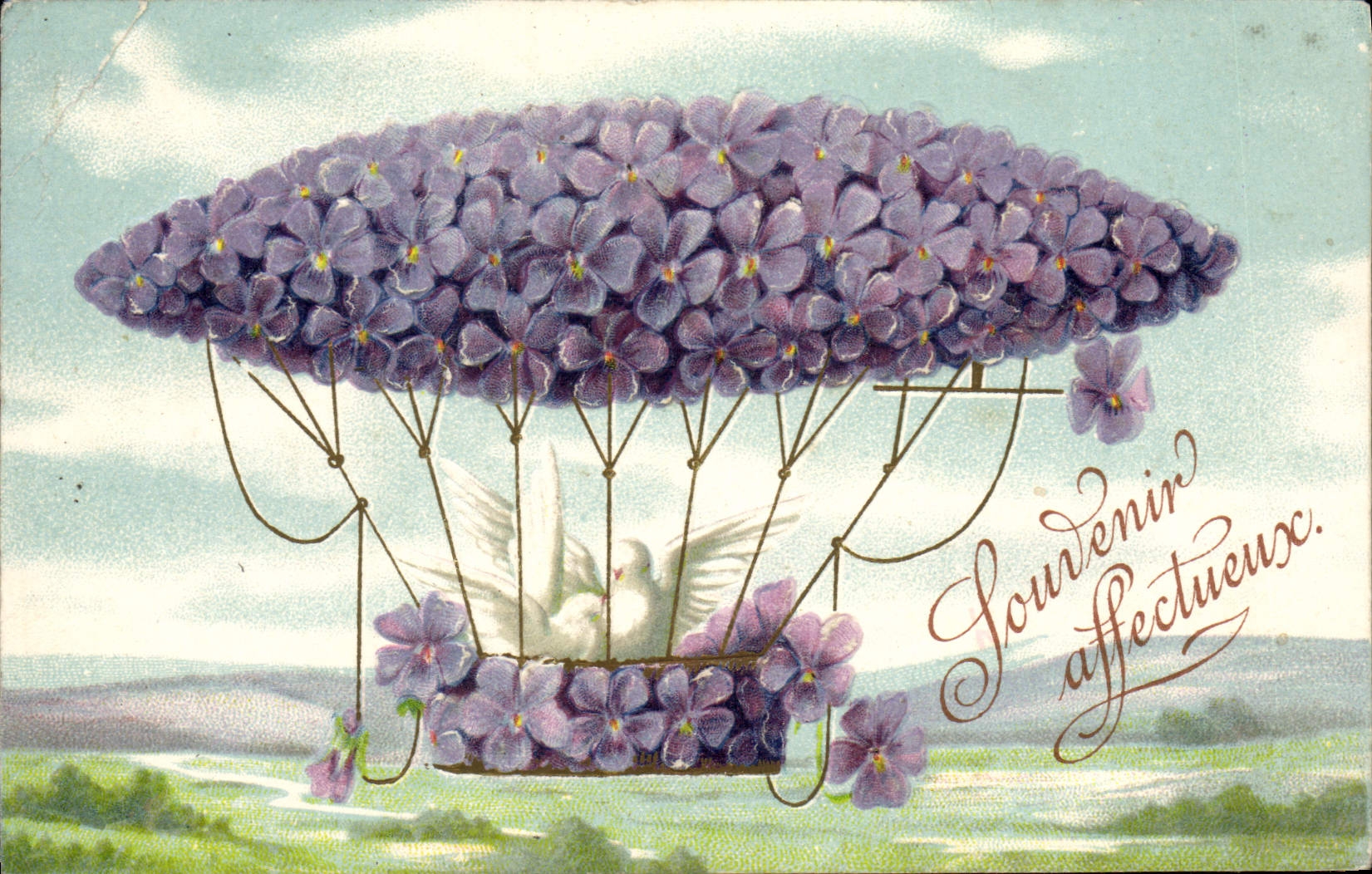 Ballon de fleurs violettes — avec colombe — texte 'Souvenir affectueux' — éditeur TRADE-MARK, n°602
