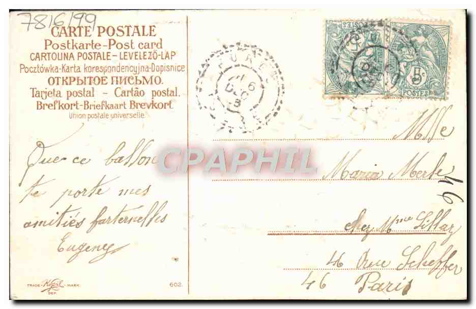 Ballon de fleurs violettes — avec colombe — texte 'Souvenir affectueux' — éditeur TRADE-MARK, n°602 — Verso