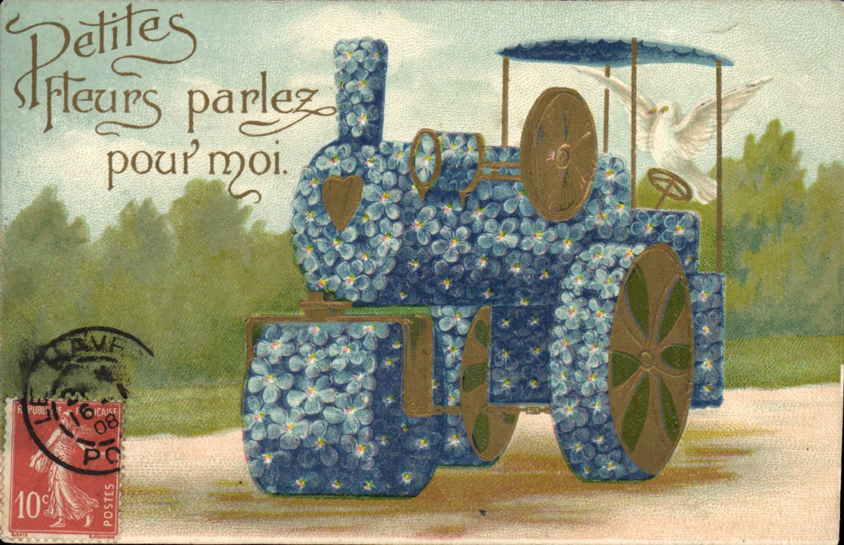 CPA Fantaisie Fleurs Colombes Tracteur 