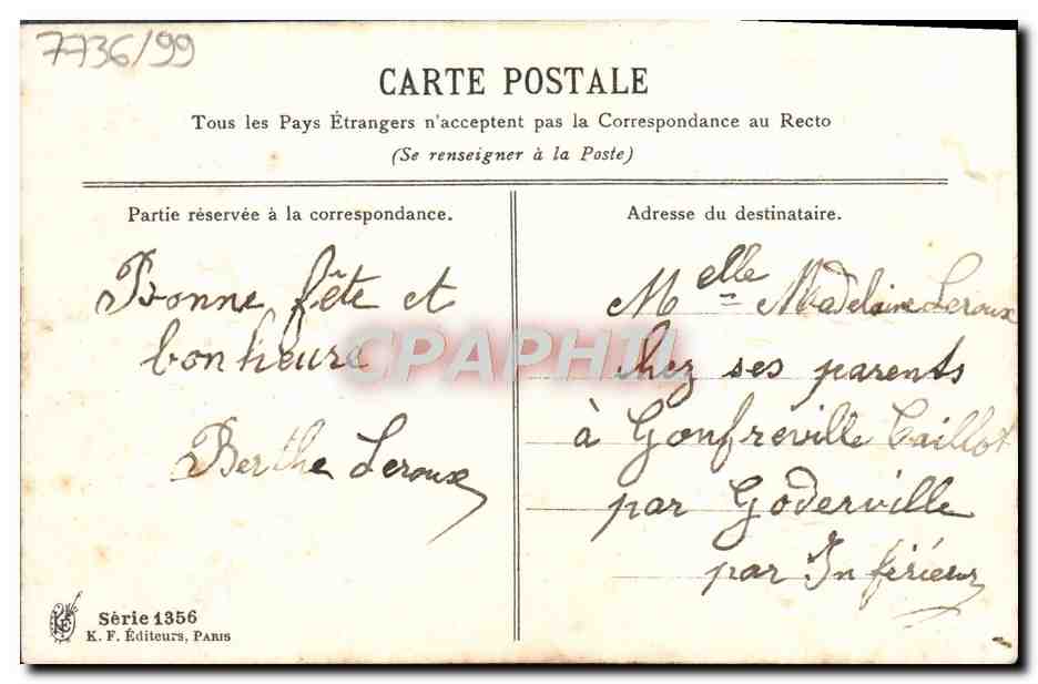 Fleurs et ruban — Je Vous Chime — K. F. Éditeurs, Série 1356 — Rückseite