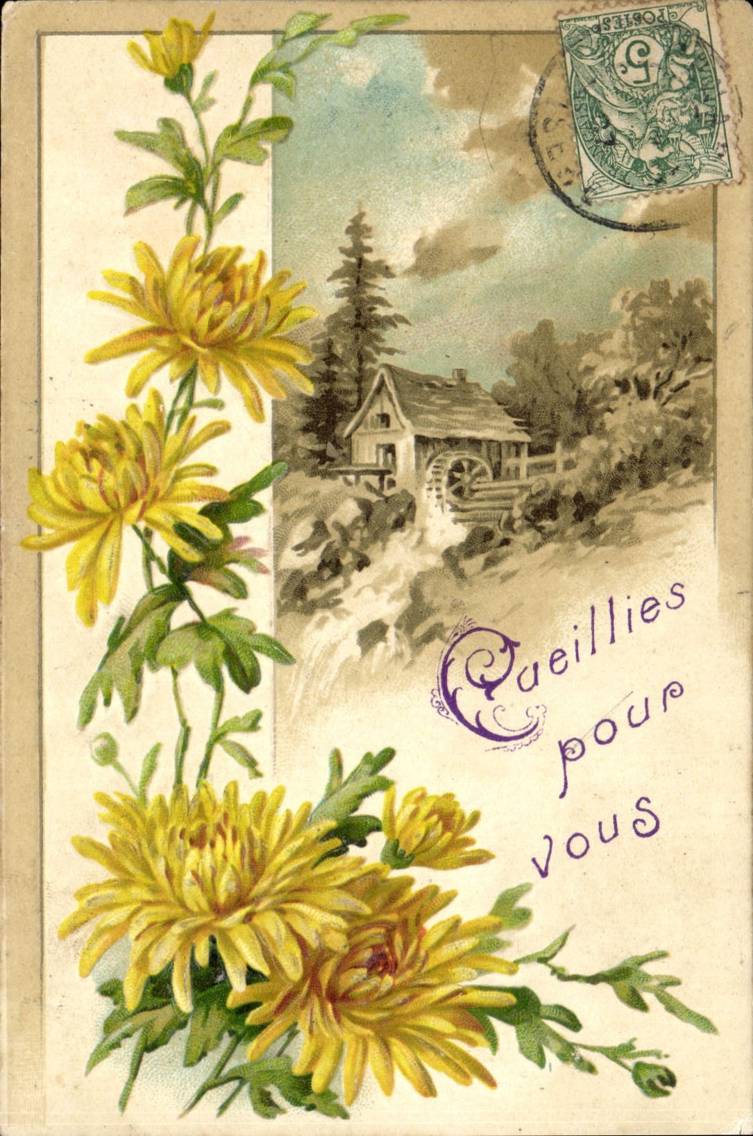 CPA Fantaisie Fleurs Moulin a eau