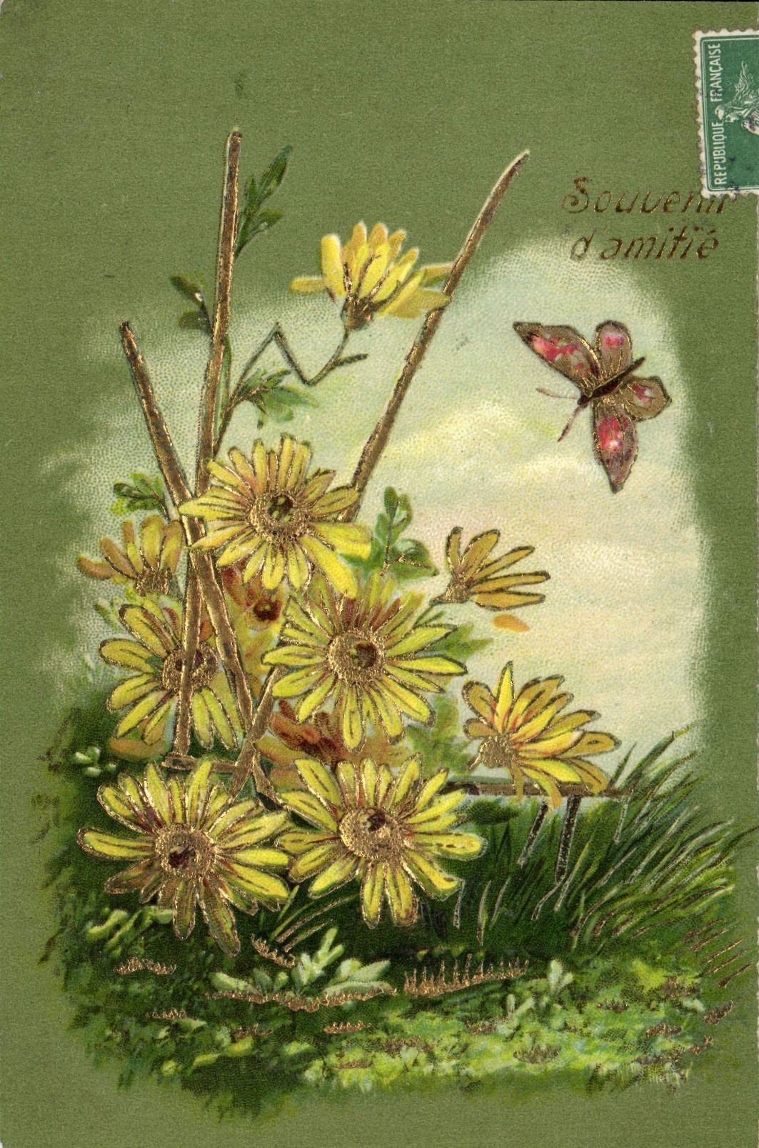 CPA Fantaisie Fleurs Papillon 