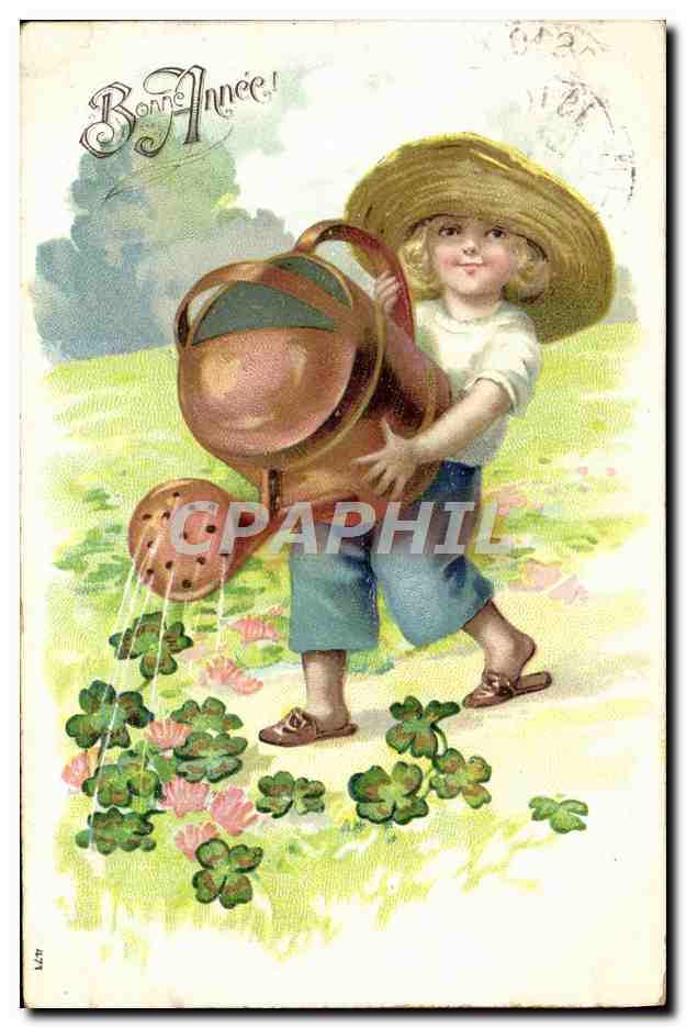 CPA Fantaisie Fleurs Enfant Arrosoir Trefles