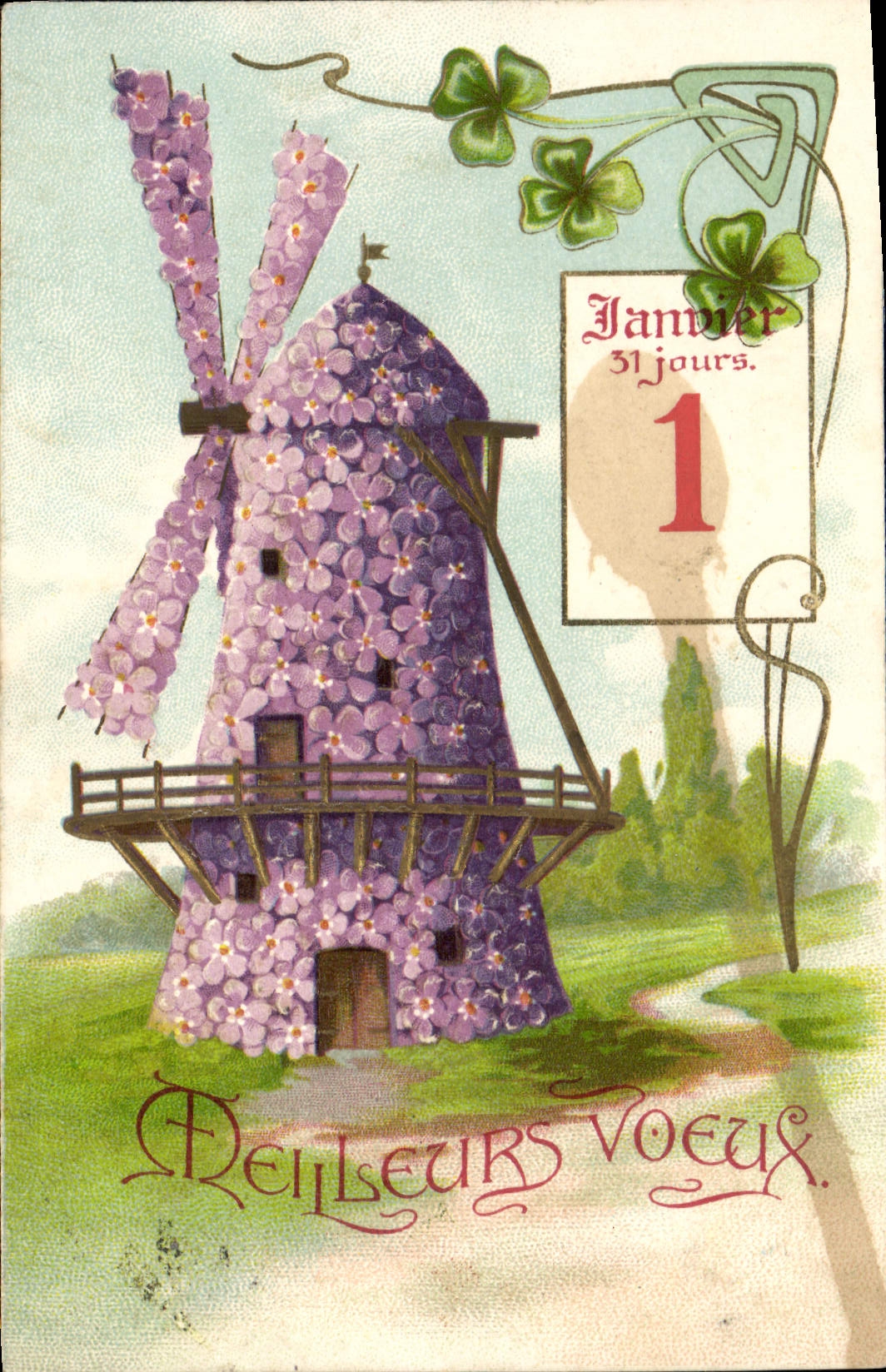 CPA Fantaisie Fleurs Moulin a vent