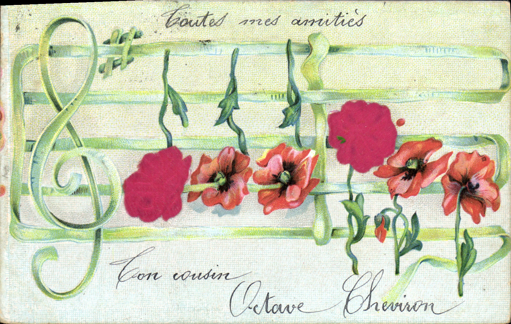 CPA Fantaisie Fleurs Cle de Sol Musique