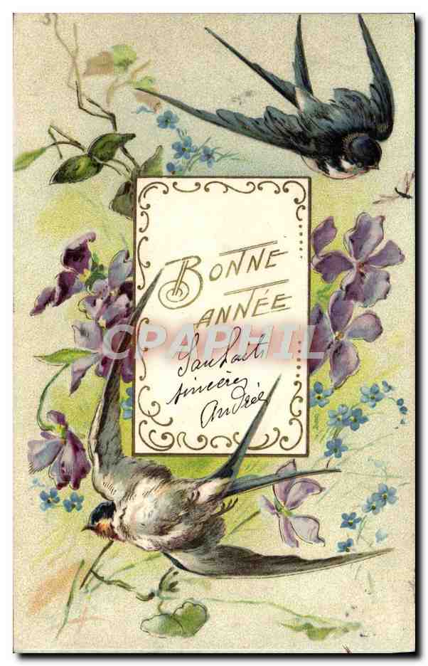 CPA Fantaisie Fleurs Hirondelles