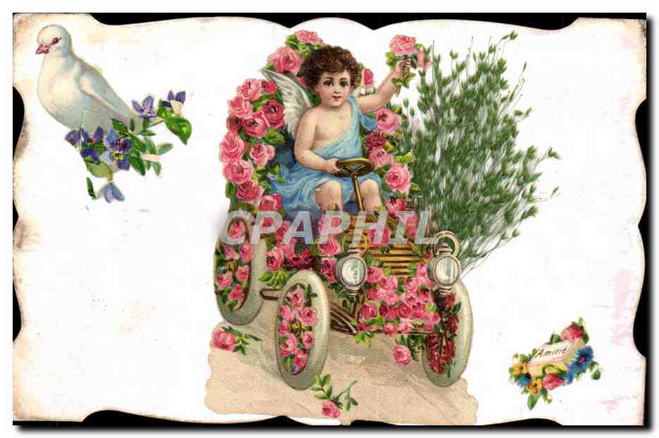 CPA Fantaisie Fleurs Enfant Automobile Colombe