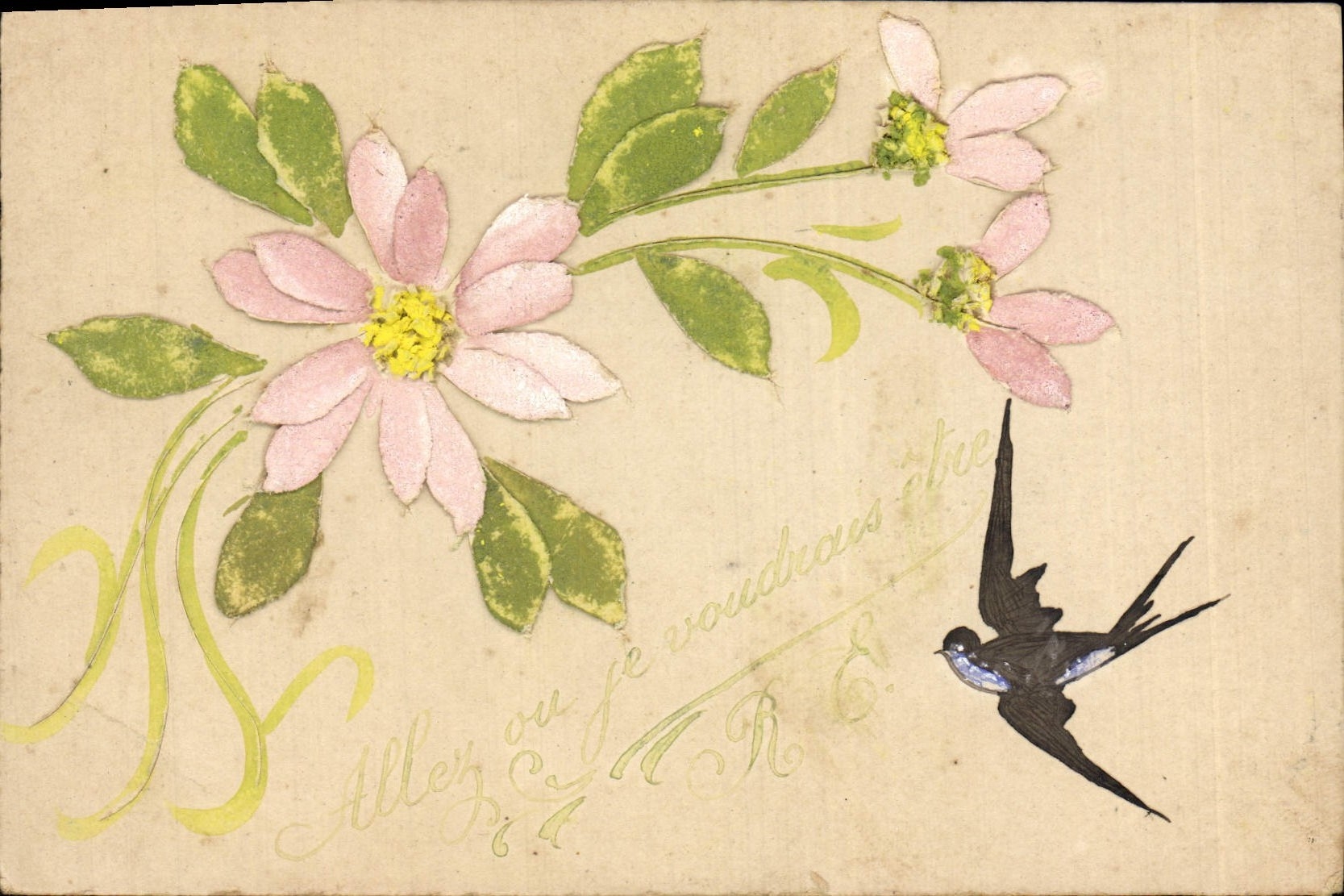 CPA Fantaisie Fleurs Hirondelle