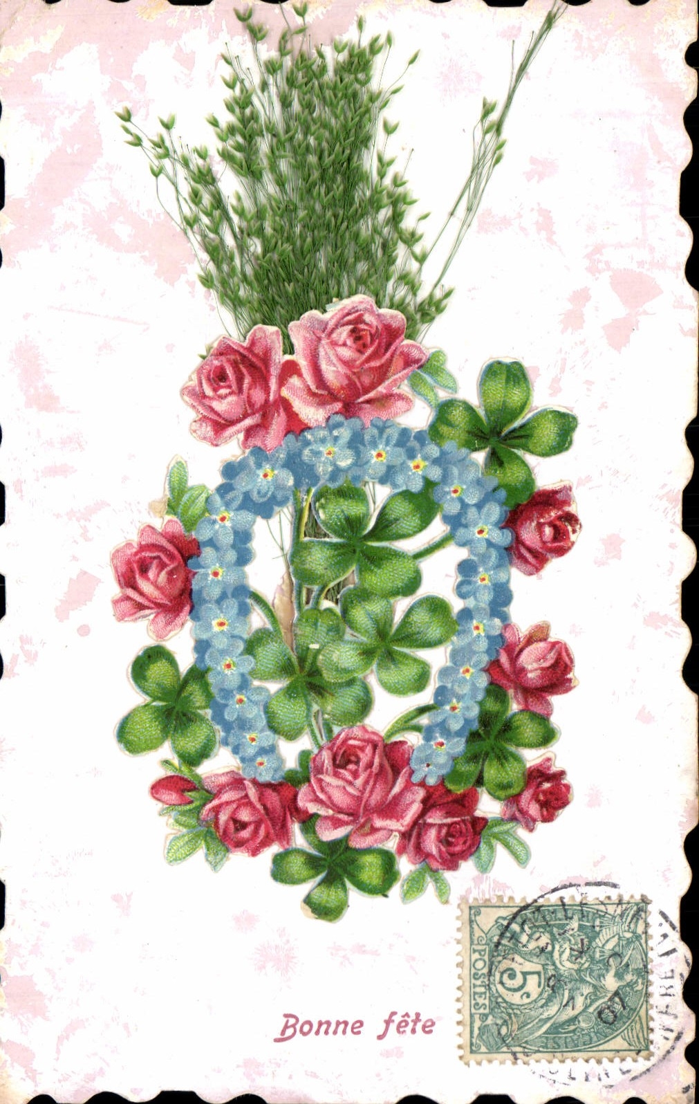 CPA Fantaisie Fleurs Trefles Fer a cheval